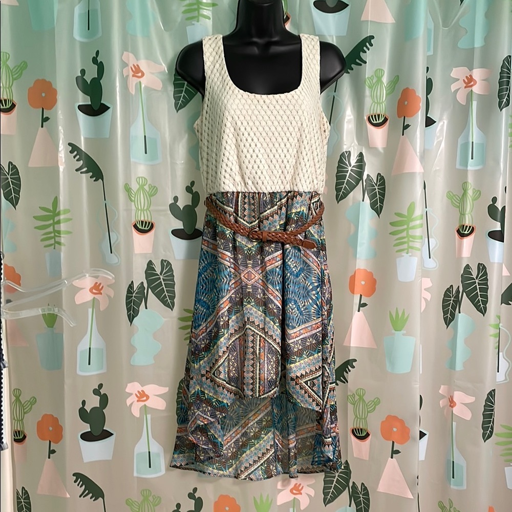 Sleeveless Cream and Blue Patterned Dress with Brown Belt
